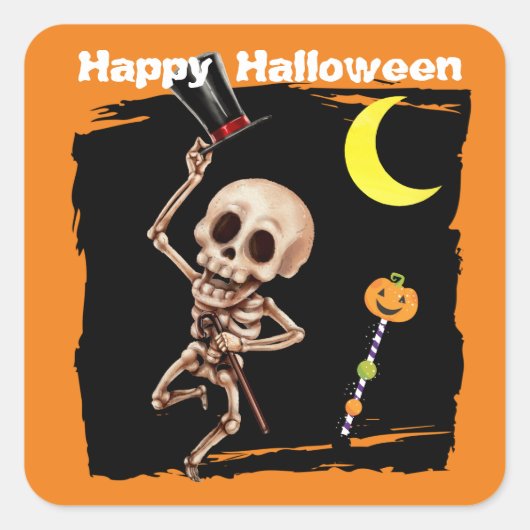 Cute Dansende Skeleton Kinder Halloween Vierkante Sticker (Voorkant)