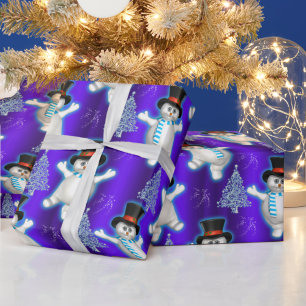 Cute Dansende Snowmen op Blauwe Kerstmis Cadeaupapier