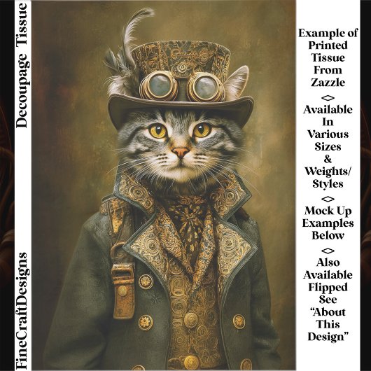 Cute Dapper Steampunk Tabby Cat ET7L Decoupage  Tissuepapier