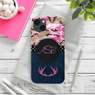 Cute Dark Blue Jeans Pink Antler Camo iPhone 13 Hoesje
