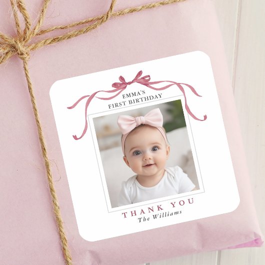 Cute Deep Blush Pink Bow Birthday Thank You  Vierkante Sticker