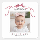 Cute Deep Blush Pink Bow Birthday Thank You  Vierkante Sticker (Voorkant)