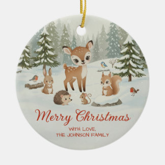 Cute Deer and Woodland Animals Merry Christmas Keramisch Ornament
