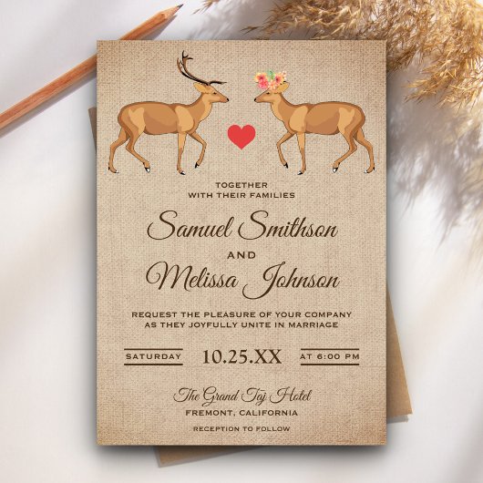 Cute Deer Couple Russe Burlap Faire-part de mariag