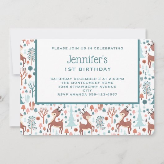 Cute Deer in Whimsical Forest Pattern Birthday Kaart (Voorkant)
