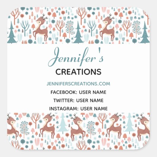 Cute Deer in Whimsical Forest Pattern Business Vierkante Sticker (Voorkant)