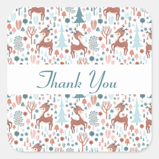 Cute Deer in Whimsical Forest Pattern Dank u Vierkante Sticker (Voorkant)