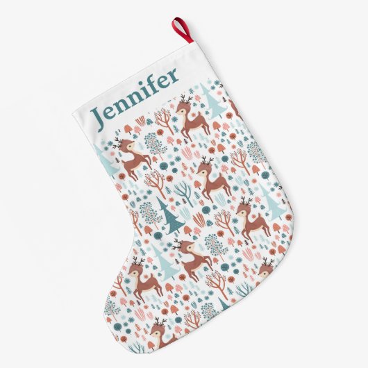 Cute Deer in Whimsical Forest Pattern Grote Kerstsok (Achterkant (Hangend))