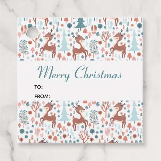 Cute Deer in Whimsical Forest Pattern Kerstmis Bedankjes Labels (Voorkant)