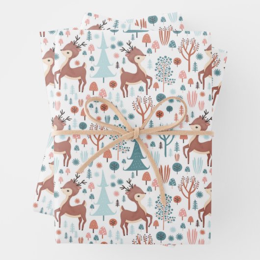 Cute Deer in Whimsical Forest Pattern Kerstmis Inpakpapier Vel (In situ)