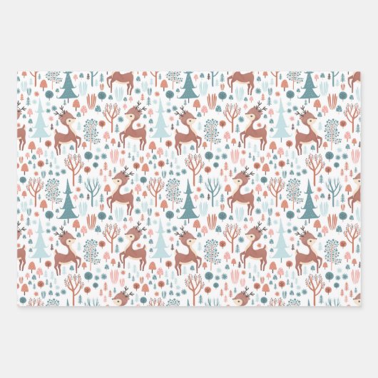 Cute Deer in Whimsical Forest Pattern Kerstmis Inpakpapier Vel (Voorkant)