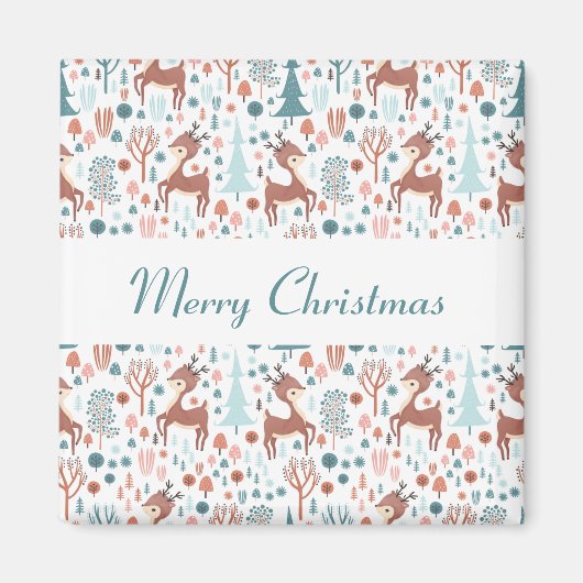 Cute Deer in Whimsical Forest Pattern Kerstmis Magneet (Voorkant)