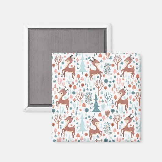 Cute Deer in Whimsical Forest Pattern Kerstmis Magneet (Voorkant / Achterkant)