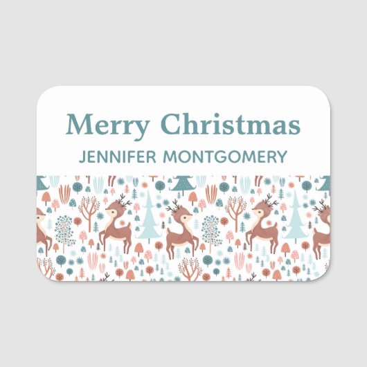 Cute Deer in Whimsical Forest Pattern Kerstmis Naamplaatje (Voorkant)