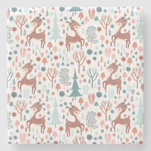 Cute Deer in Whimsical Forest Pattern Kerstmis Stenen Onderzetter (Voorkant)