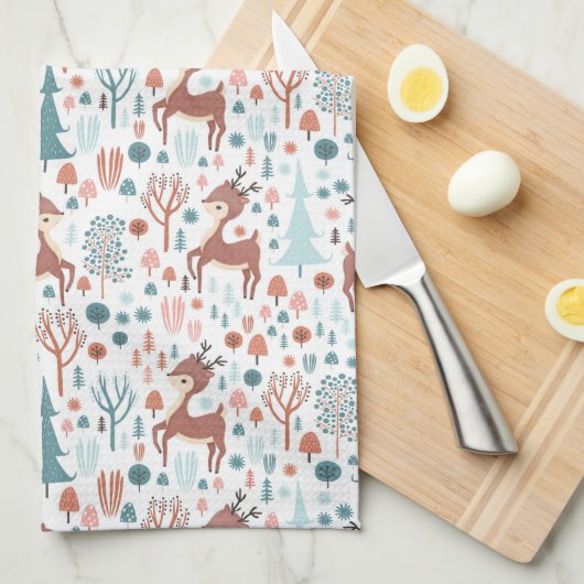 Cute Deer in Whimsical Forest Pattern Kerstmis Theedoek (Quarter Fold)