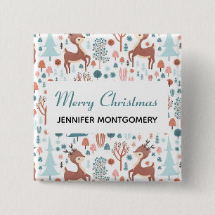 Cute Deer in Whimsical Forest Pattern Kerstmis Vierkante Button 5,1 Cm