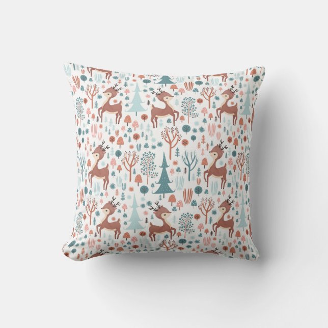 Cute Deer in Whimsical Forest Pattern Kussen (Voorkant)