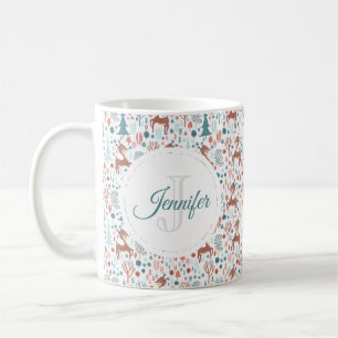 Cute Deer in Whimsical Forest Pattern Monogram Koffiemok