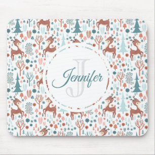 Cute Deer in Whimsical Forest Pattern Monogram Muismat