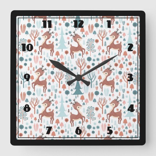 Cute Deer in Whimsical Forest Pattern Vierkante Klok (Voorkant)
