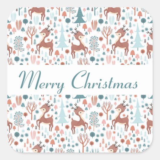Cute Deer in Whimsical Forest Pattern Vierkante Sticker (Voorkant)