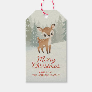 Cute Deer in Winter Forest Merry Christmas Cadeaulabel