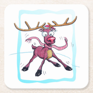 Cute Deer op ijs Funny feestdagen Cartoon Vierkante Kartonnen Onderzetter