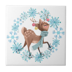 Cute Deer op Schaatsen Snowflake Wreath Tegeltje