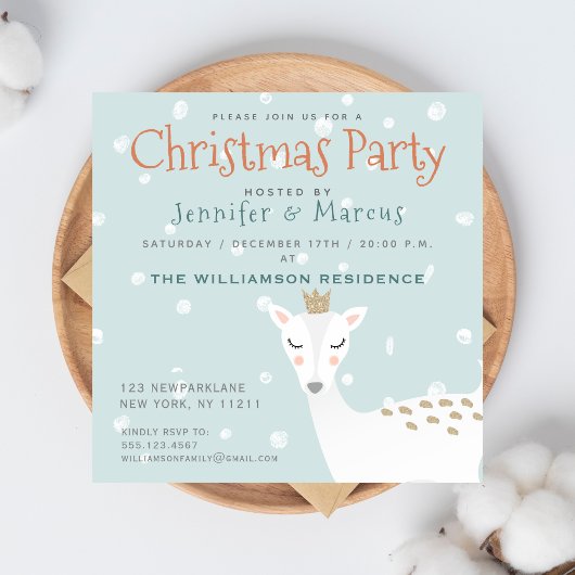 Cute Deer | Pale Blue Christmas Party Invitation