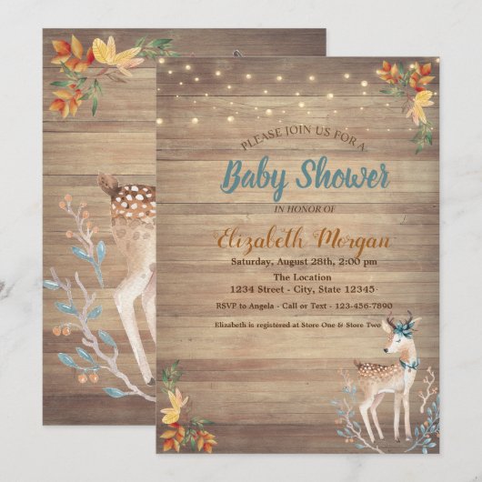 Cute Deer String Lights, Wood Texture Baby shower Kaart (Voorkant / Achterkant)