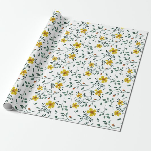 Cute Delicate Yellow Spring Flowers Pattern Cadeaupapier (Uitgerold)