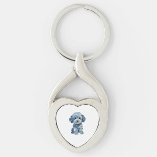 Cute Denim Patchwork Hond Illustratie Sleutelhanger