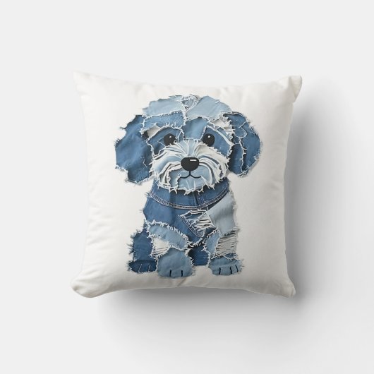 Cute Denim Patchwork Honden Illustratie Kussen (Voorkant)