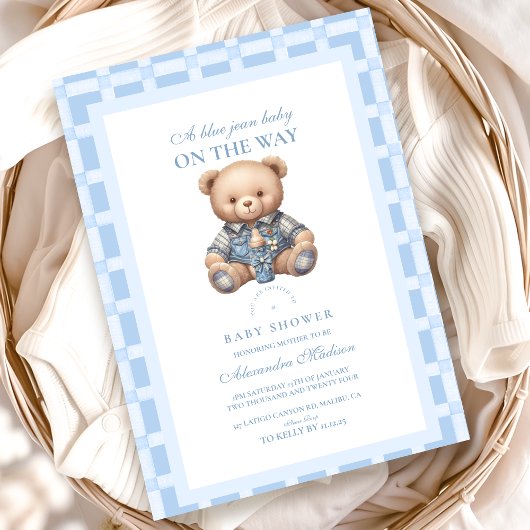 Cute Denim Teddybeer Baby Shower Kaart