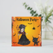 Cute Devil Girl, Pitchfork & Cat Halloween Kaart (Staand voorkant)