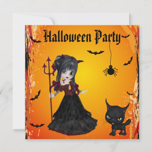 Cute Devil Girl, Pitchfork & Cat Halloween Kaart (Voorkant)