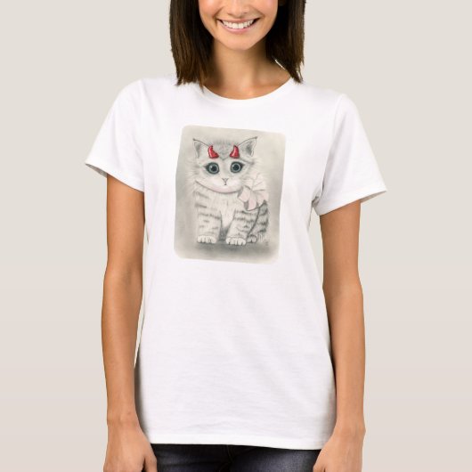Cute Devil Kitten, Little Red Horns Cat Art Tshirt (Voorkant)