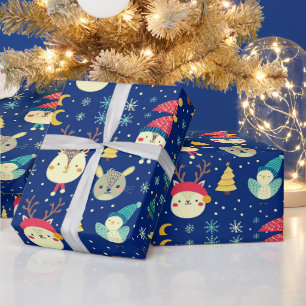 Cute Dieren Kerstbomen Blauw Kerstfeest Cadeaupapier