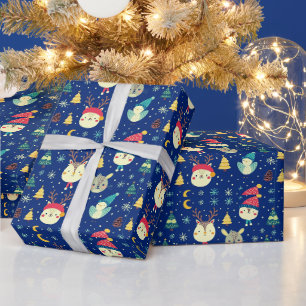 Cute Dieren Kerstbomen Blauwe Kerst Cadeaupapier