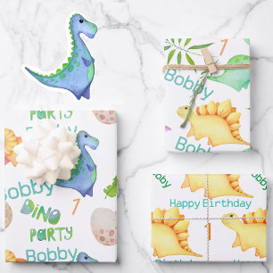 Cute Dino Boys Dinosaur personaliseert 1e verjaard Inpakpapier Vel