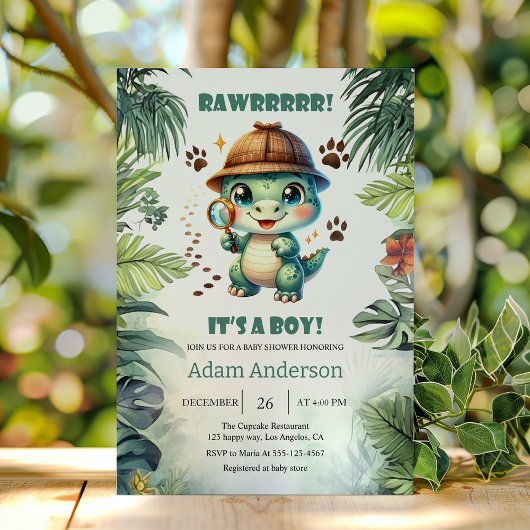 Cute Dino Detective Boy Baby Shower Invitation     Kaart