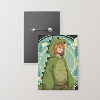 Cute Dino Friend Anime Boy - Green Dinosaur Button