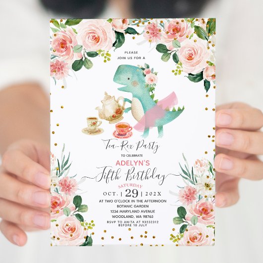 Cute Dino Girl Tea party 5Anniversaire Invitation