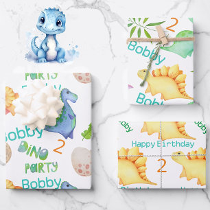 Cute Dino Party Boys Dinosaur Name & Age Inpakpapier Vel