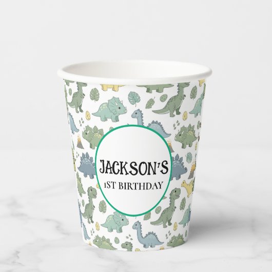 Cute Dino Pattern Customizable Birthday Paper Cup Papieren Bekers (Voorkant)