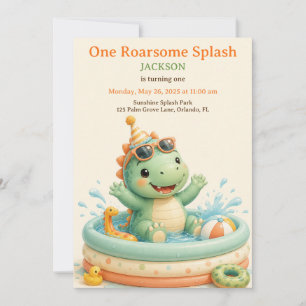Cute Dino Splash Pool Party Eerste Verjaardag  Kaart