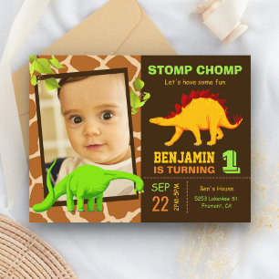 Cute Dinosaur 1e verjaardagsfeest foto Uitnodiging Briefkaart