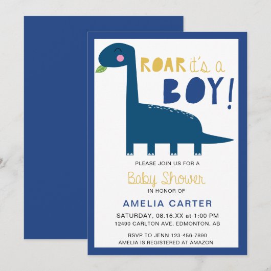 Cute Dinosaur baby shower Boy Blue Modern Kaart (Voorkant / Achterkant)