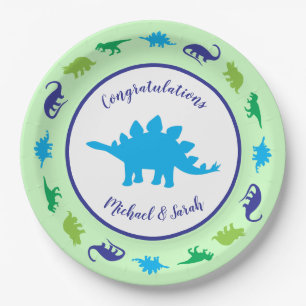 Cute Dinosaur Baby shower Dino Blue en Green Boy Papieren Bordje